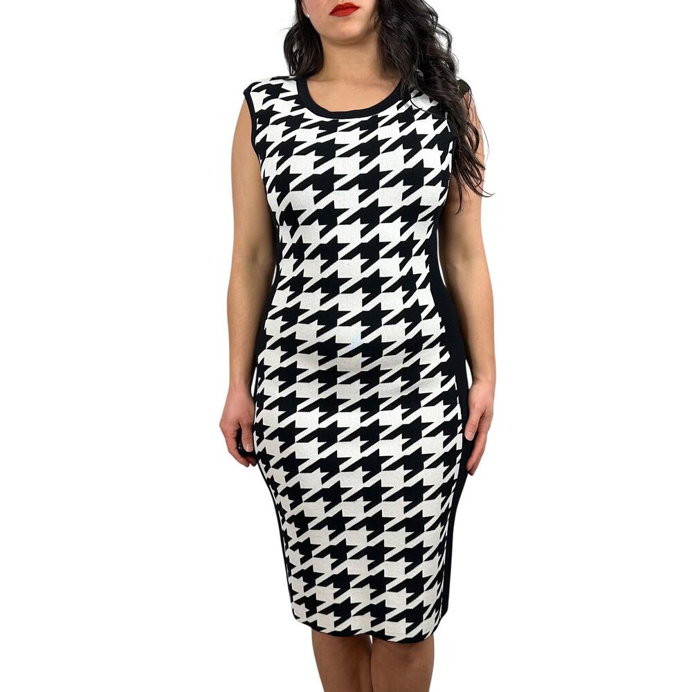 Calvin Klein White & Black Houndstooth Sweater Dress